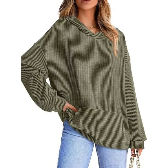 Jackets & Blazers - Dokotoo Womens Ribbed Knit Hoodie Pullover Sweater Olive Green V-Neck Pocket L